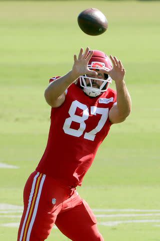 Jamie Squire/Getty Travis Kelce at Kansas City Chiefs training camp in August 2025