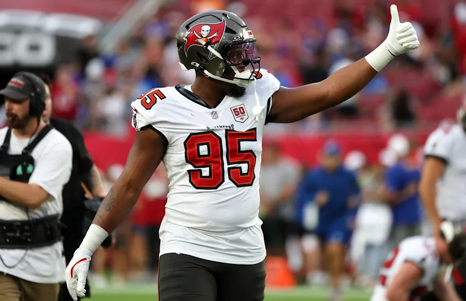 Aug 23, 2025; Tampa, Florida, USA; Tampa Bay Buccaneers defensive end Elijah Roberts (95) against the Buffalo Bills prior to the game at Raymond James Stadium. Mandatory Credit: Kim Klement Neitzel-Imagn Images