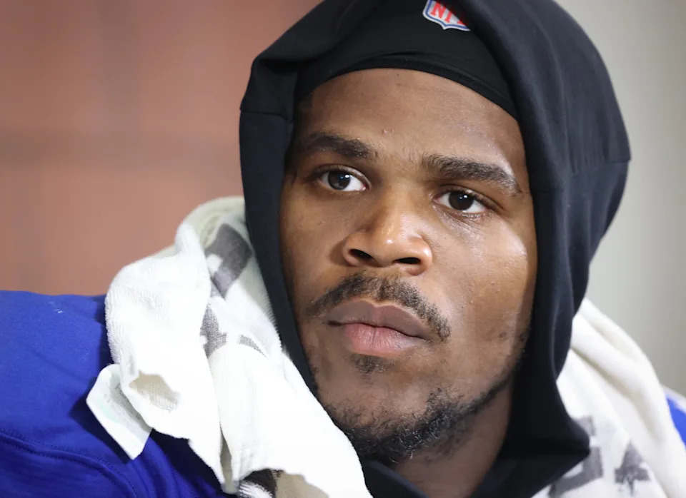 New York Giants linebacker Abdul Carter (51) speaks to the media after a joint training camp practice with the New York Jets, Wednesday, August 13, 2025, in East Rutherford, N.J.