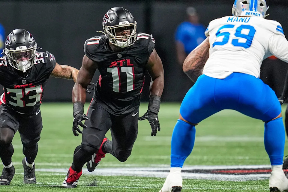 Aug 8, 2025; Atlanta, Georgia, USA; Atlanta Falcons linebacker Jalon Walker (11) in action against the Detroit Lions during the first quarter at Mercedes-Benz Stadium. Mandatory Credit: Dale Zanine-Imagn Images