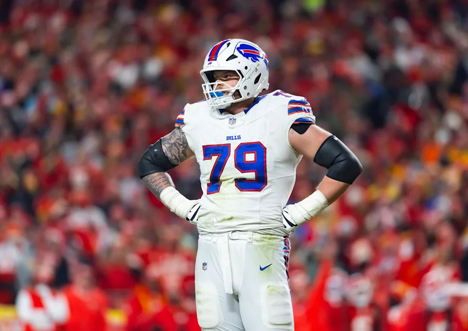 Jan 26, 2025; Kansas City, MO, USA; Buffalo Bills offensive tackle Spencer Brown (79) against the Kansas City Chiefs during the AFC Championship game at GEHA Field at Arrowhead Stadium. Mandatory Credit: Mark J. Rebilas-Imagn Images