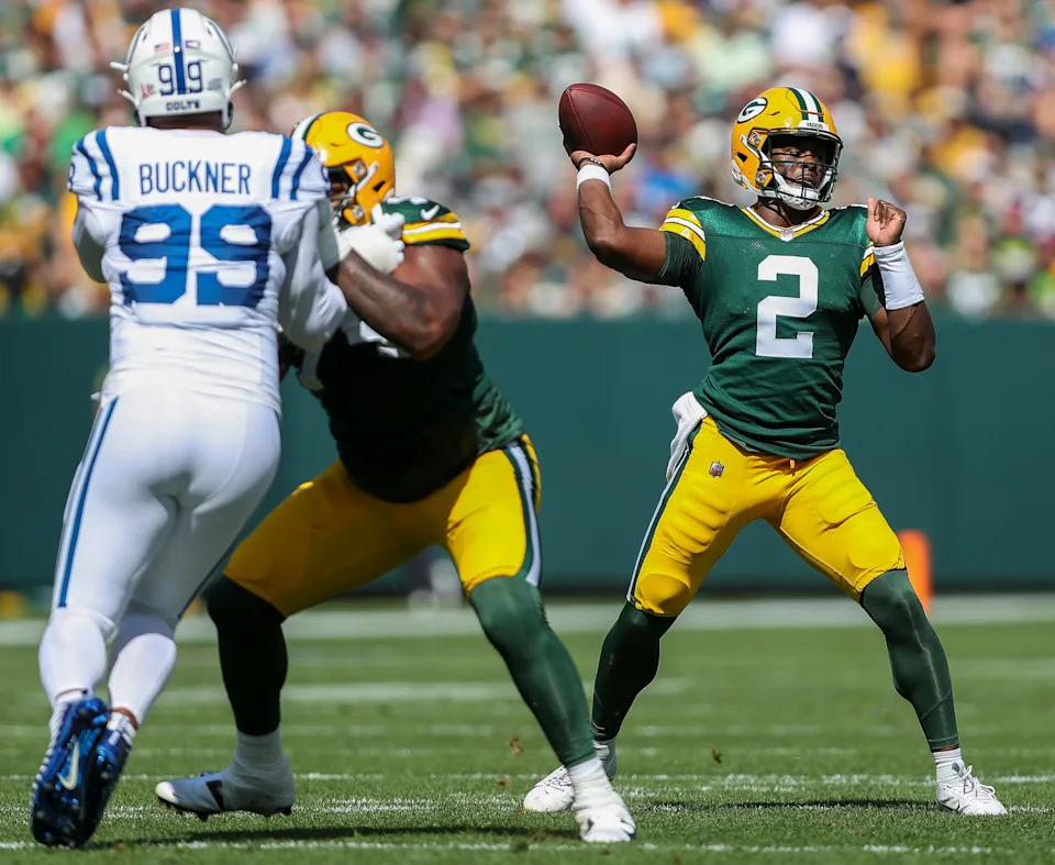Green Bay Packers quarterback Malik Willis (2) passes the ball against the Indianapolis Colts on Sept. 15, 2024, at Lambeau Field in Green Bay. The Packers won the game, 16-10.