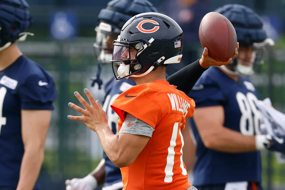 Jul 24, 2025; Lake Forest, IL, USA; Chicago Bears quarterback Caleb Williams (18) passes the ball during training camp at Halas Hall. Mandatory Credit: Kamil Krzaczynski-Imagn Images