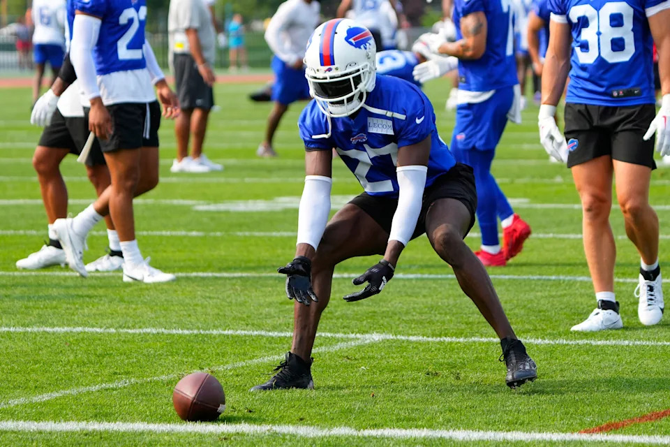 Jul 26, 2023; Rochester, NY, USA; Buffalo Bills cornerback Tre'Davious White (27) participates in drills in on the field during training camp at St. John Fisher College. Mandatory Credit: Gregory Fisher-USA TODAY Sports