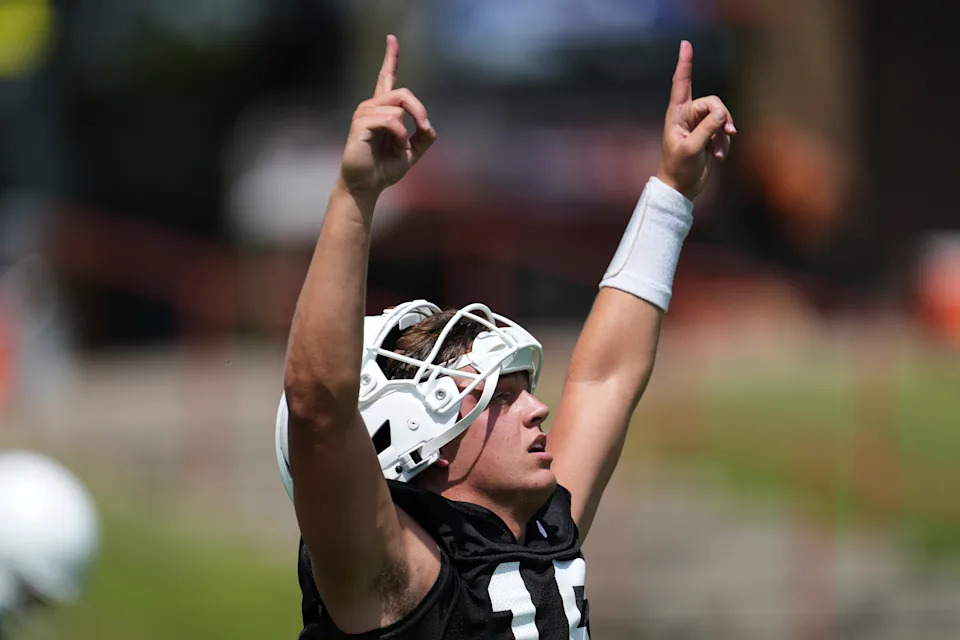 Texas quarterback Arch Manning (16) reacts during an NCAA college football practice in Austin, Texas, Wednesday, July 30, 2025. (AP Photo/Eric Gay)