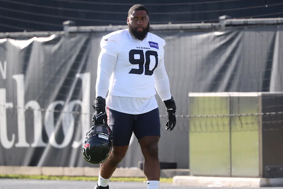 Jul 23, 2025; Houston, TX, USA; Houston Texans defensive tackle Sheldon Rankins (90) during training camp at Houston Methodist Training Center. Mandatory Credit: Troy Taormina-Imagn Images