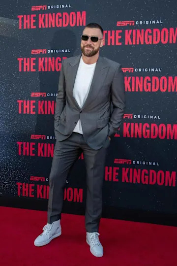 Kansas City Chiefs tight end Travis Kelce on the red carpet before the special screening of the ESPN six-part series ‘The Kingdom,’ on Sunday, Aug. 24, 2025, in Kansas City.