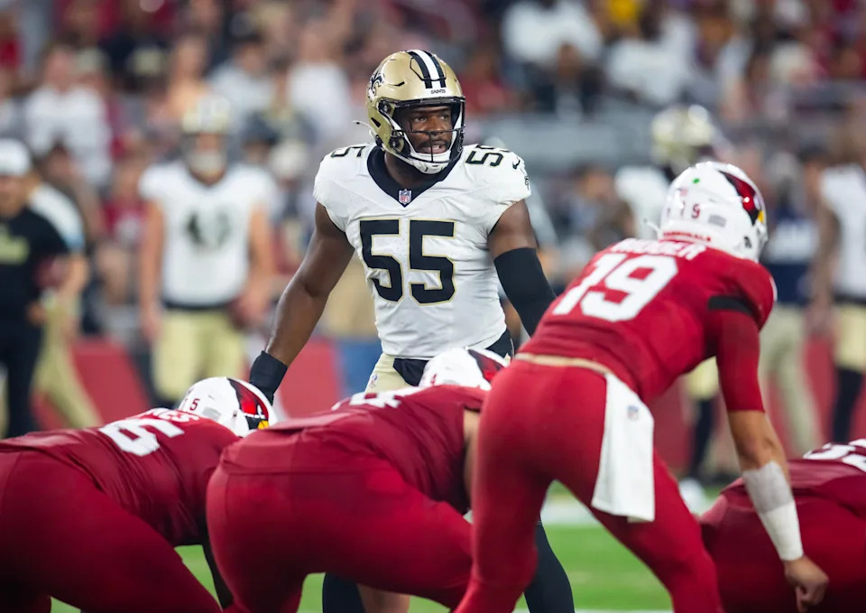 Aug 10, 2024; Glendale, Arizona, USA; New Orleans Saints defensive end Isaiah Foskey (55) against the Arizona Cardinals during a preseason NFL game at State Farm Stadium. Mandatory Credit: Mark J. Rebilas-USA TODAY Sports