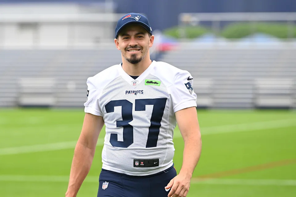 Jun 9, 2025; Foxborough, MA, USA; New England Patriots place kicker John Parker Romo (37) leaves the practice field after minicamp at Gillette Stadium. Mandatory Credit: Eric Canha-Imagn Images