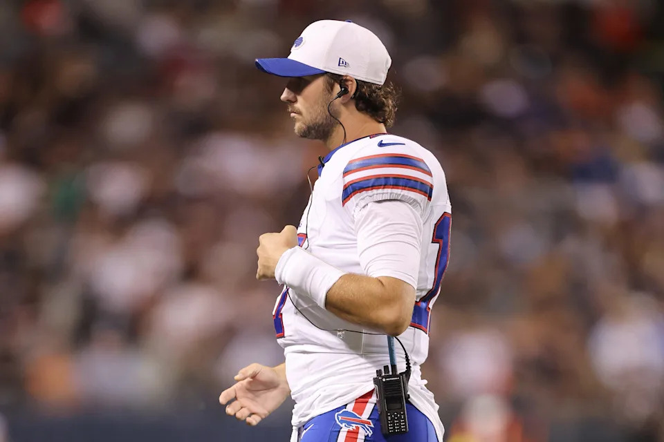 CHICAGO, ILLINOIS - AUGUST 17: Josh Allen #17 of the Buffalo Bills looks on during the NFL Preseason 2025 game between Buffalo Bills and Chicago Bears at Soldier Field on August 17, 2025 in Chicago, Illinois. (Photo by Michael Reaves/Getty Images)