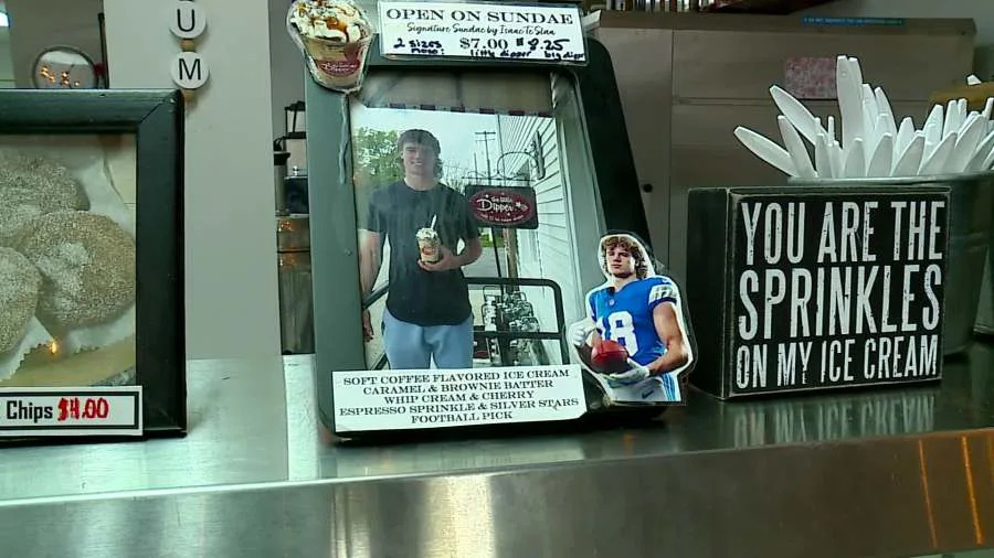 A framed photo of Lions rookie Isaac TeSlaa at Little Dipper Cafe & Ice Cream Shoppe in Jamestown Township. (Aug. 23, 2025)