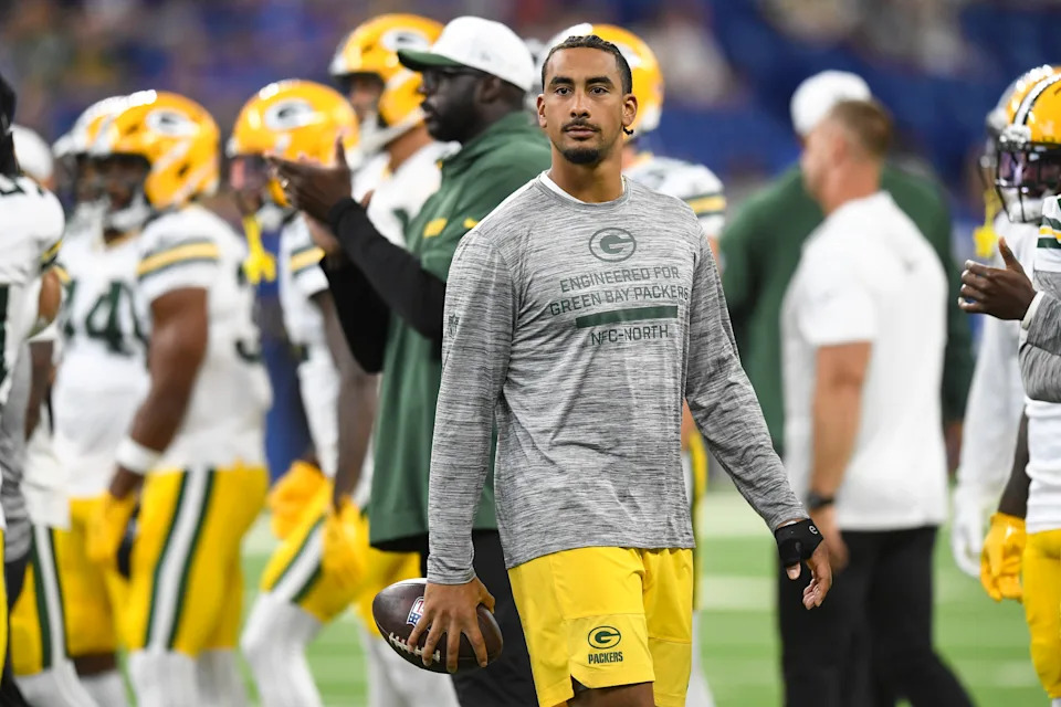 INDIANAPOLIS, IN - AUGUST 16: Green Bay Packers Quarterback Jordan Love (10) looks on as teammates warm up for the NFL preseason game between the Green Bay Packers and the Indianapolis Colts on August 16, 2025, at Lucas Oil Stadium in Indianapolis, Indiana. (Photo by Michael Allio/Icon Sportswire via Getty Images)