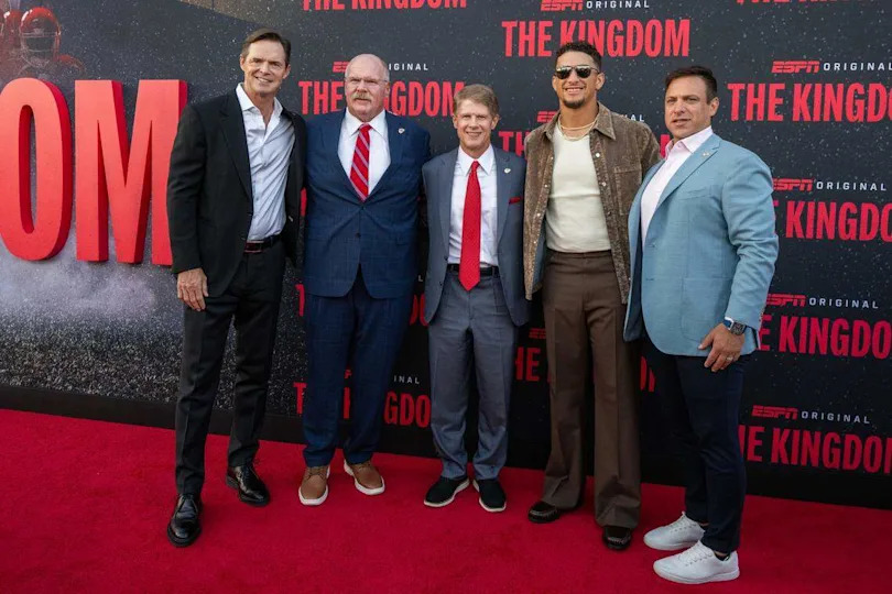 Kansas City Chiefs president Mark Donovan, head coach Andy Reid, CEO and Chairman Clark Hunt, quarterback Patrick Mahomes, and general manager Brett Veach on the red carpet before the special screening of the ESPN six-part series ‘The Kingdom,’ on Sunday, Aug. 24, 2025, in Kansas City.