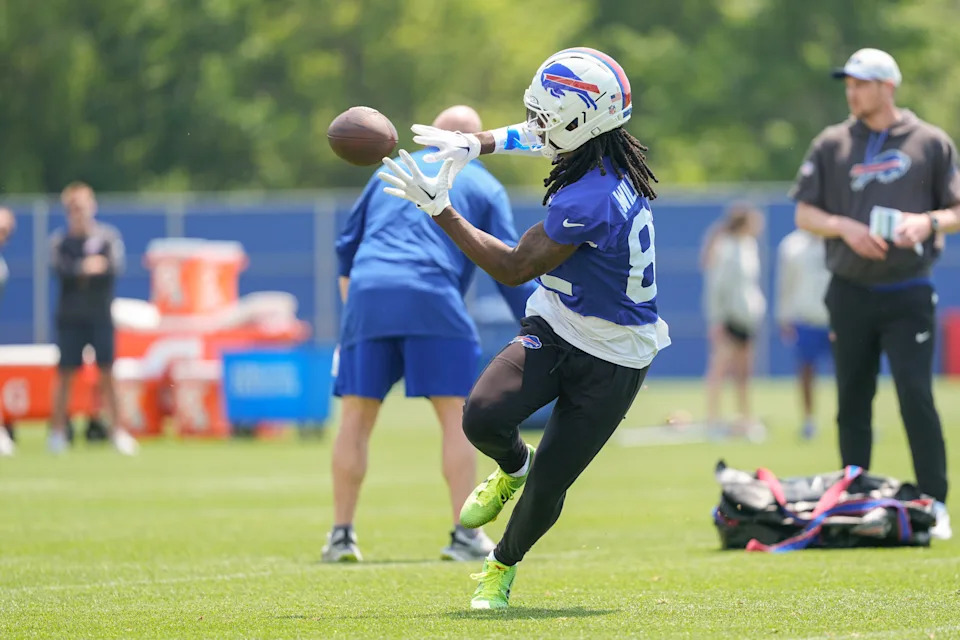 Jun 11, 2025; Orchard Park, NY, USA; Buffalo Bills wide receiver Kristian Wilkerson (82) makes a catch during Minicamp at Highmark Stadium. Mandatory Credit: Gregory Fisher-Imagn Images