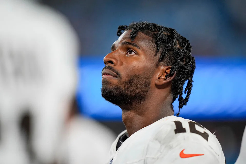 Aug 8, 2025; Charlotte, North Carolina, USA; Cleveland Browns quarterback Shedeur Sanders (12) on the sideline during the second half against the Carolina Panthers at Bank of America Stadium.Jim Dedmon-Imagn Images