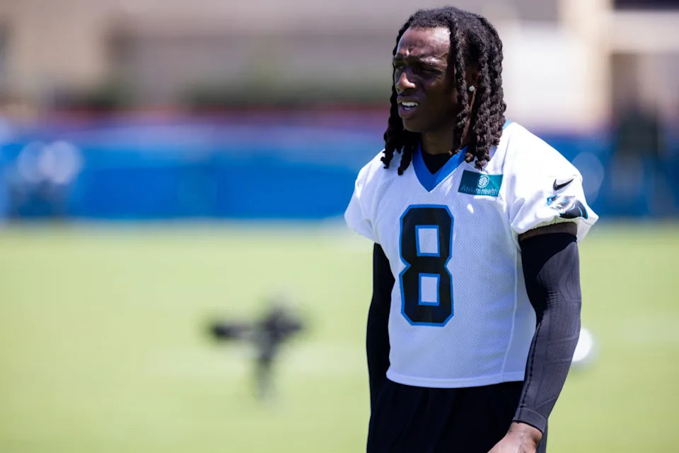 Jul 26, 2025; Charlotte, NC, USA; Carolina Panthers cornerback Jaycee Horn (8) walks off after practice at training camp. Scott Kinser-Imagn Images© Scott Kinser-Imagn Images