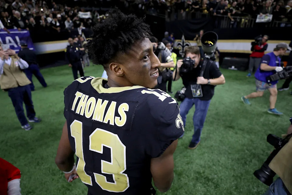 NEW ORLEANS, LOUISIANA - JANUARY 13: Michael Thomas #13 of the New Orleans Saints reacts after his teams win over the Philadelphia Eagles in the NFC Divisional Playoff Game at Mercedes Benz Superdome on January 13, 2019 in New Orleans, Louisiana. The Saints defeated the Eagles 20-14. (Photo by Chris Graythen/Getty Images)