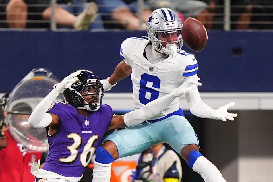 Dallas Cowboys cornerback Bruce Harmon (36) defends as Dallas Cowboys wide receiver Josh Kelly (6) attempts to make a catch in the second half of a preseason NFL football game Saturday, Aug. 16, 2025, in Arlington, Texas. (AP Photo/LM Otero)