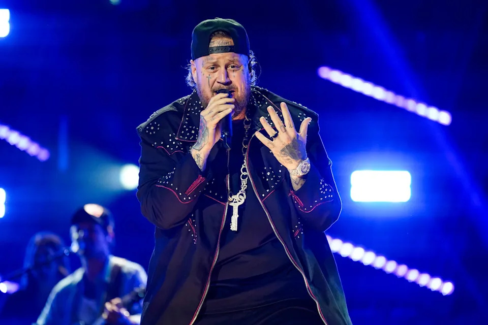 Jelly Roll joins Shaboozey as he performs at the CMA Fest at Nissan Stadium in Nashville, Tenn., Friday, June 6, 2025.