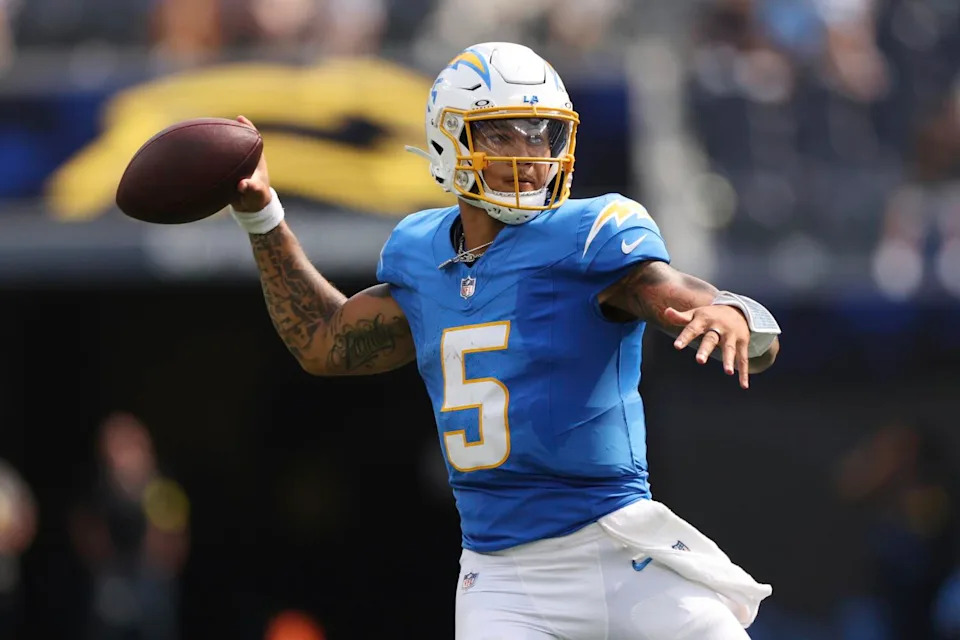 Chargers quarterback Trey Lance passes during the second half Sunday.