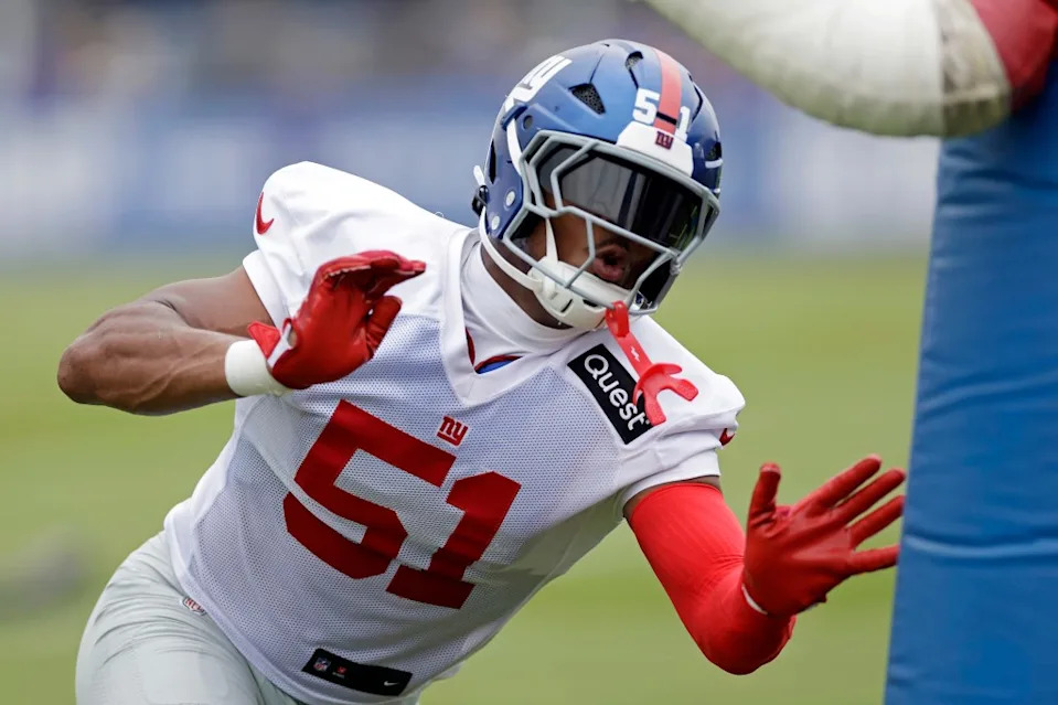 Giants linebacker Abdul Carter (51) runs drills during Back Together Weekend at the team’s NFL football training camp, Sunday, July 27, 2025, in East Rutherford, N.J. AP