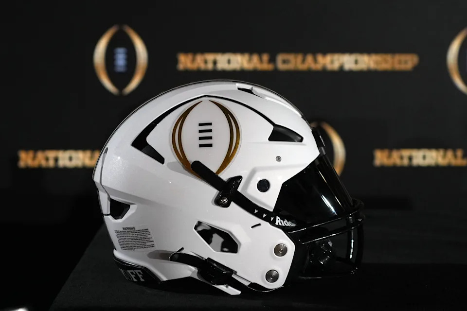 Jan 19, 2025; Atlanta, GA, USA; A College Football Playoff logo helmet at a press conference at The Westin Peachtree Plaza, Savannah Ballroom. Mandatory Credit: Kirby Lee-Imagn Images