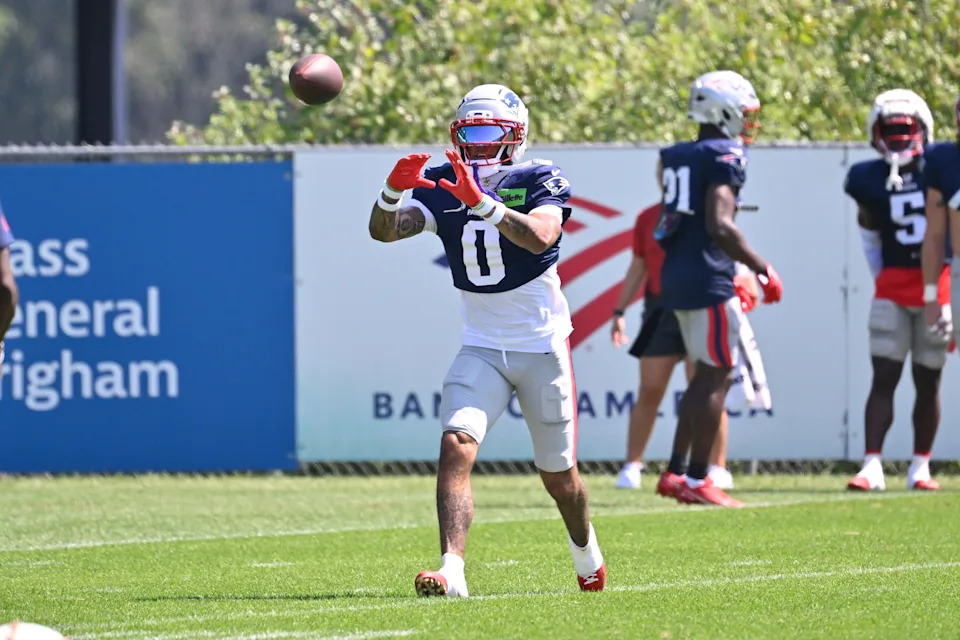 Jul 28, 2025; Foxborough, MA, USA; New England Patriots cornerback Christian Gonzalez (0) does a drill during training camp at Gillette Stadium. Mandatory Credit: Eric Canha-Imagn Images