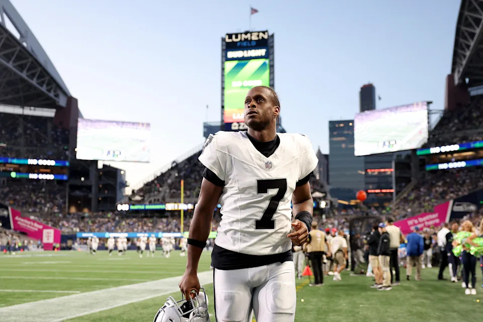 SEATTLE, WASHINGTON - AUGUST 07: Geno Smith #7 of the Las Vegas Raiders looks on during the NFL Preseason 2025 game between Las Vegas Raiders and Seattle Seahawks at Lumen Field on August 07, 2025 in Seattle, Washington. (Photo by Steph Chambers/Getty Images)