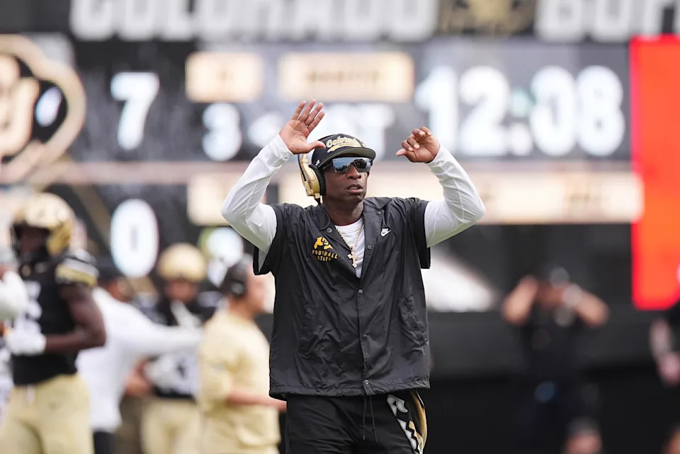 Colorado head coach Deion Sanders directs his team against Georgia Tech in the first half of an NCAA college football game Friday, Aug. 29, 2025, in Boulder, Colo. (AP Photo/David Zalubowski)