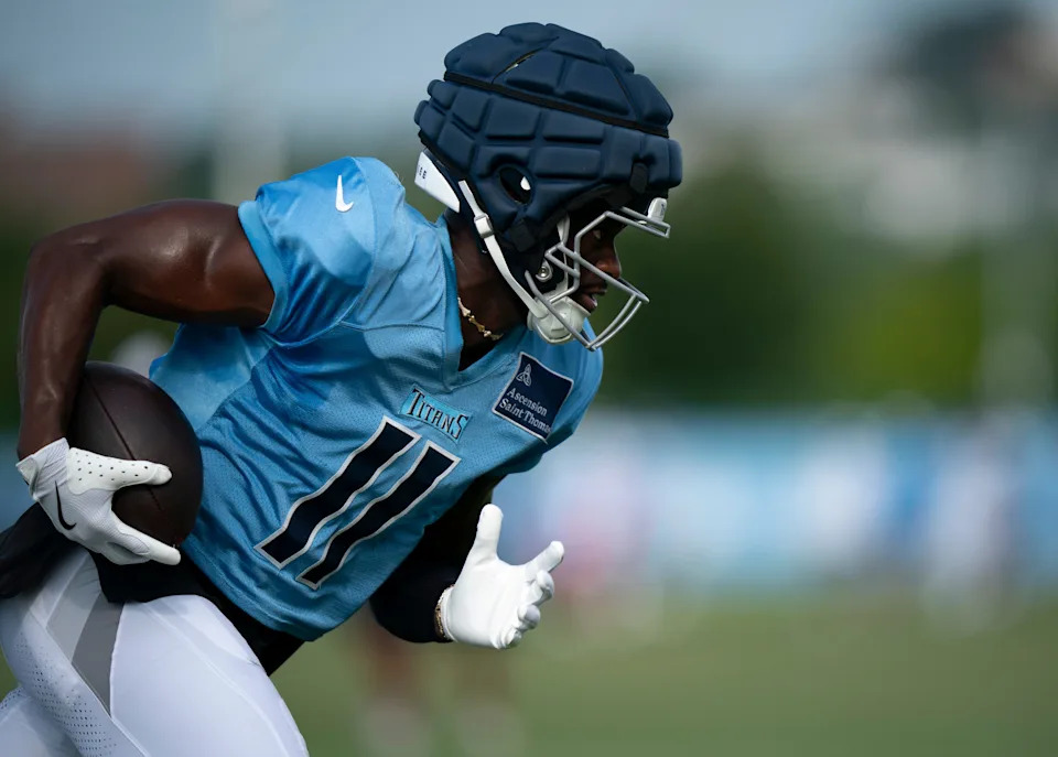 Tennessee Titans wide receiver Van Jefferson (11) runs after a catch during training camp at Ascension Saint Thomas Sports Park in Nashville, Tenn., Tuesday, July 29, 2025.