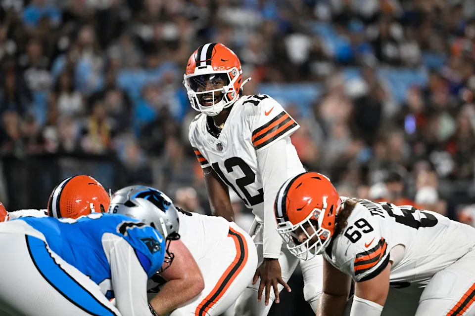 Browns quarterback Shedeur Sanders (12) at the line of scrimmage.Bob Donnan-Imagn Images