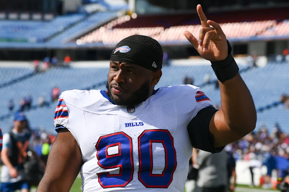 ORCHARD PARK, NEW YORK - AUGUST 10: DeWayne Carter #90 of the Buffalo Bills gestures to the crowd following a preseason game against the Chicago Bears at Highmark Stadium on August 10, 2024 in Orchard Park, New York. The Bears won 33-6. (Photo by Rich Barnes/Getty Images)