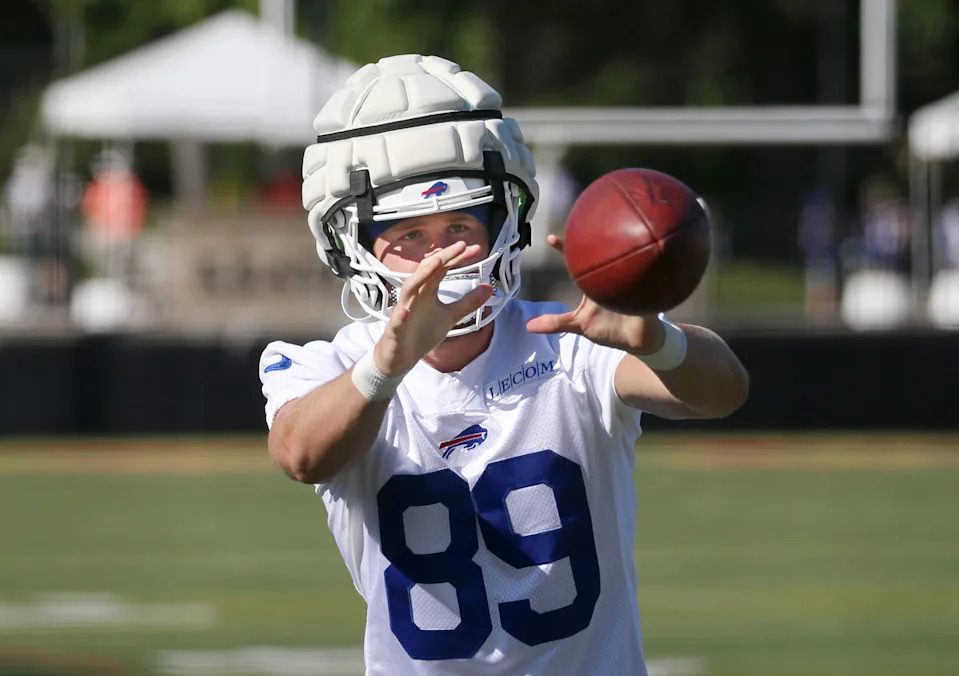 Bills wide receiver Stephen Gosnell eyes in the ball during drills during the opening day of Buffalo Bills training camp at St. John Fisher University Wednesday, July 23, 2025 in Pittsford.