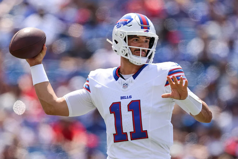 ORCHARD PARK, NEW YORK - AUGUST 09: Mitchell Trubisky #11 of the Buffalo Bills throws a pass during the second quarter of an NFL Preseason 2025 game between New York Giants and Buffalo Bills at Highmark Stadium.