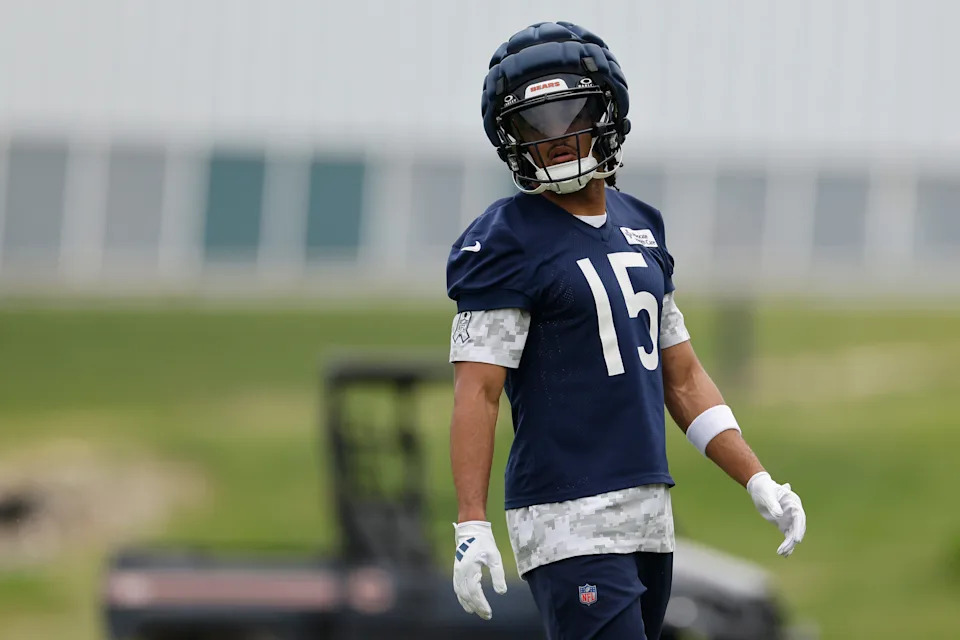 LAKE FOREST, ILLINOIS - JUNE 03: Rome Odunze #15 of the Chicago Bears looks on during Chicago Bears OTA Offseason Workout at Halas Hall on June 03, 2025 in Lake Forest, Illinois. (Photo by Michael Reaves/Getty Images)