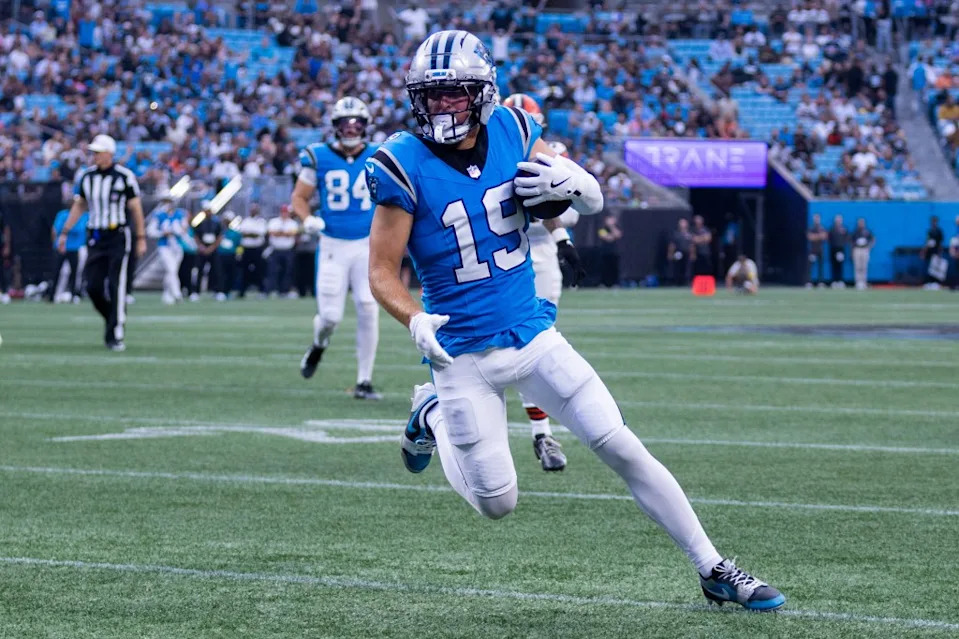 Carolina Panthers wide receiver Adam Thielen (19) runs with the ball during the second quarter against the Cleveland Browns at Bank of America Stadium. Scott Kinser-The USAToday Network via Imagn Images