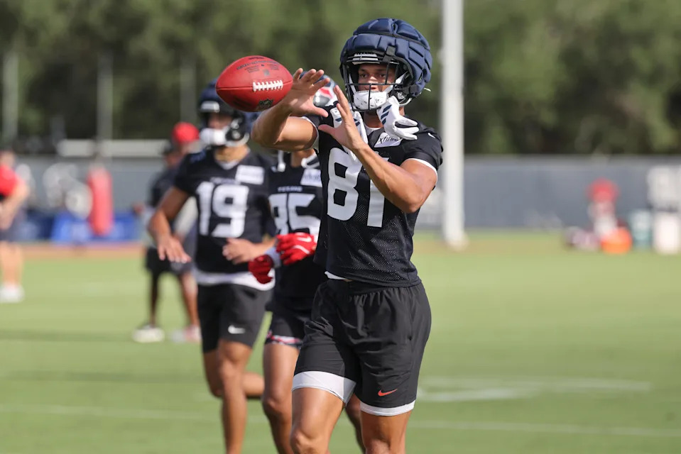 Jul 24, 2025; Houston, TX, USA; Houston Texans wide receiver Jayden Higgins (81) during training camp at Houston Methodist Training Center. Mandatory Credit: Troy Taormina-Imagn Images