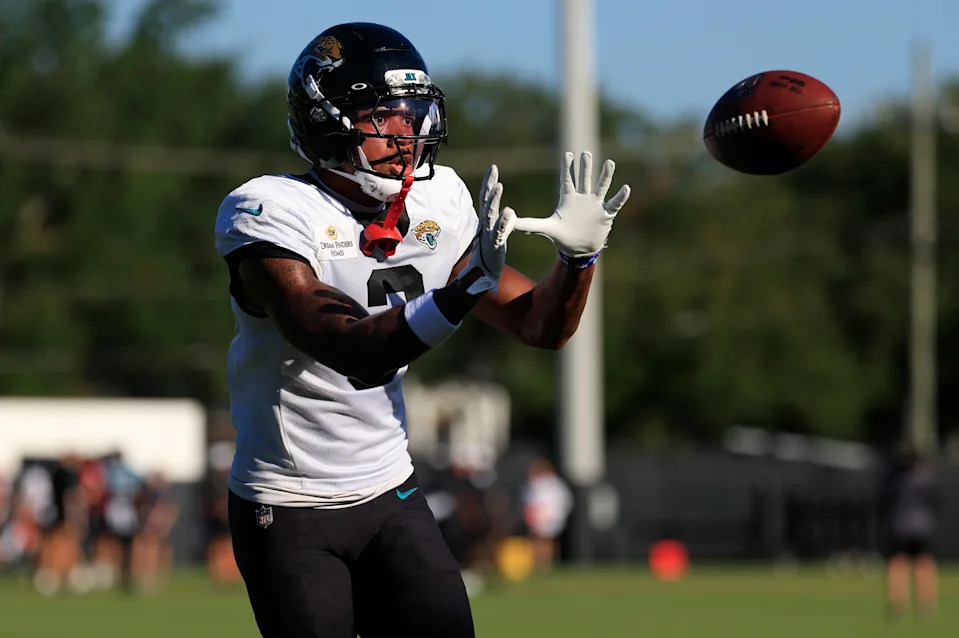 Jacksonville Jaguars cornerback Tyson Campbell (3) catches a pass during an NFL training camp session at the Miller Electric Center, Wednesday, Aug. 6, 2025, in Jacksonville, Fla. [Corey Perrine/Florida Times-Union]
