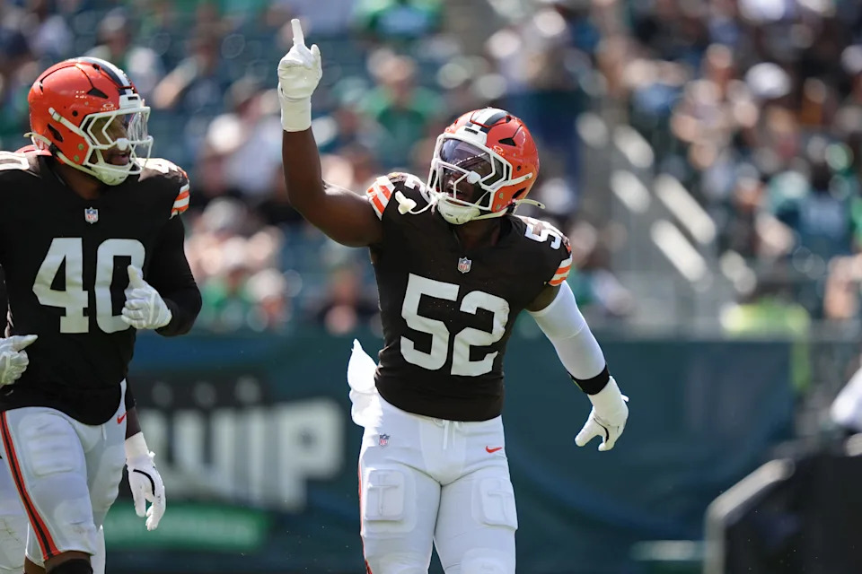 Aug 16, 2025; Philadelphia, Pennsylvania, USA; Cleveland Browns defensive lineman K.J. Henry (52) reacts after scoring a touchdown against the Philadelphia Eagles in the second half at Lincoln Financial Field. Mandatory Credit: Kyle Ross-Imagn Images