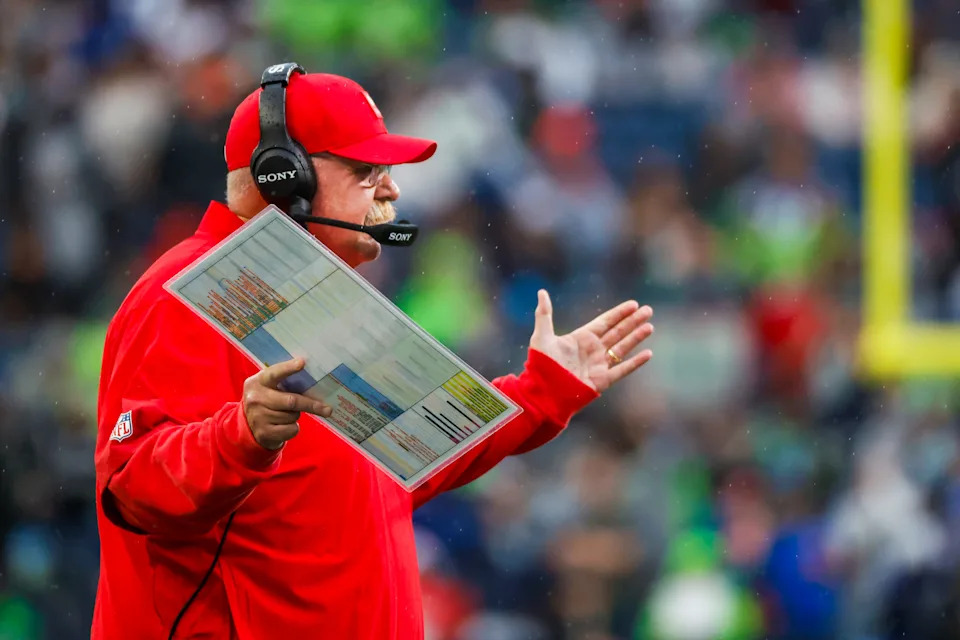 Aug 15, 2025; Seattle, Washington, USA; Kansas City Chiefs head coach Andy Reid reacts to a fourth down stop by the Seattle Seahawks during the first quarter at Lumen Field. Mandatory Credit: Joe Nicholson-Imagn Images
