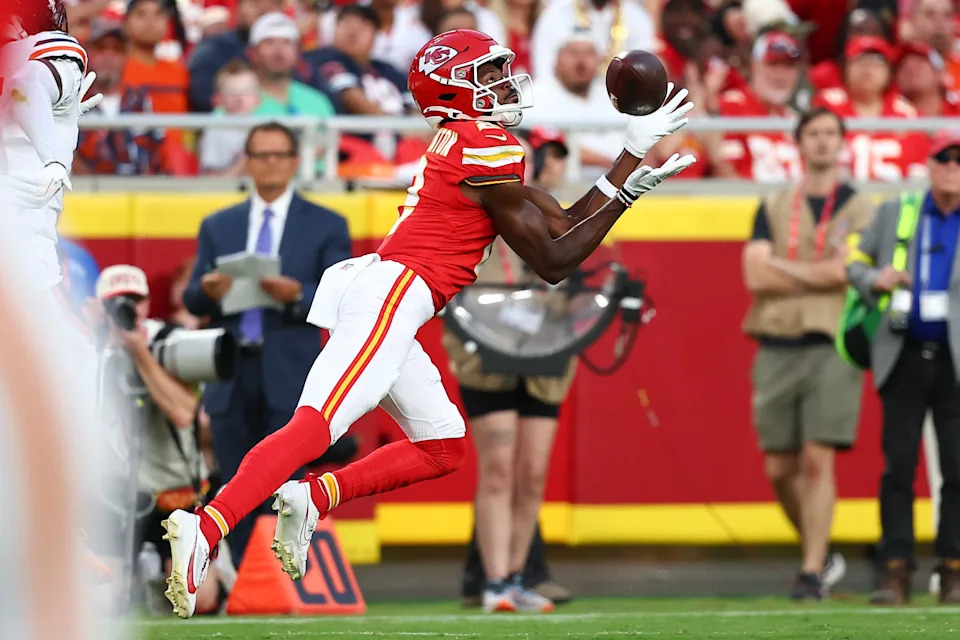 KANSAS CITY, MISSOURI - AUGUST 22: Tyquan Thornton #2 of the Kansas City Chiefs catches a long first quarter pass during the NFL Preseason 2025 game between Chicago Bears and Kansas City Chiefs at Arrowhead Stadium on August 22, 2025 in Kansas City, Missouri. (Photo by David Eulitt/Getty Images)