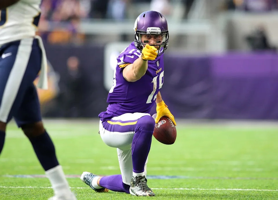 Adam Thielen #19 of the Minnesota Vikings signals a first down after catching the ball in the first half of the game against the Los Angeles Rams on November 19, 2017 at U.S. Bank Stadium in Minneapolis, Minnesota. Getty Images