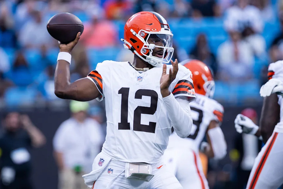 Aug 8, 2025; Charlotte, North Carolina, USA; Cleveland Browns quarterback Shedeur Sanders (12) throws against the Carolina Panthers during the second quarter at Bank of America Stadium. Mandatory Credit: Scott Kinser-The USAToday Network via Imagn Images