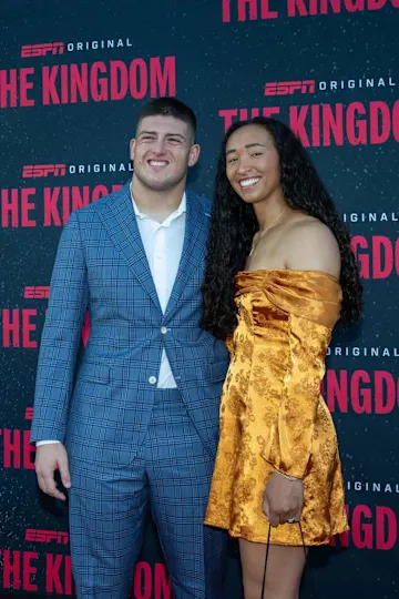 Kansas City Chiefs defensive lineman George Karlaftis on the red carpet before the special screening of the ESPN six-part series ‘The Kingdom,’ on Sunday, Aug. 24, 2025, in Kansas City.