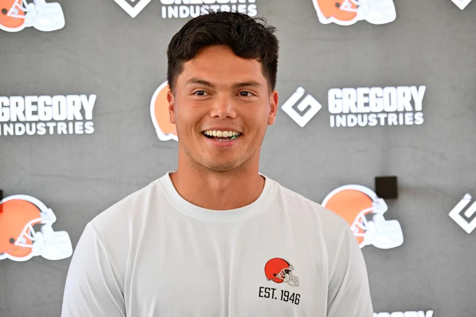 Quarterback Dillon Gabriel of the Cleveland Browns talks to reporters during training camp at CrossCountry Mortgage Campus on July 25, 2025 in Berea, Ohio. Getty Images