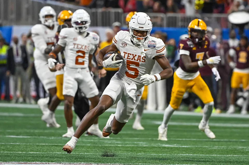 ATLANTA, GA - JANUARY 01:  Wide Receiver Ryan Wingo #5 of the Texas Longhorns during the Texas Longhorns versus Arizona State Sun Devils College Football Playoff Quarterfinal at the Chick-fil-A Peach Bowl on January 1, 2025, at Mercedes-Benz Stadium in Atlanta, GA. (Photo by John Adams/Icon Sportswire via Getty Images)