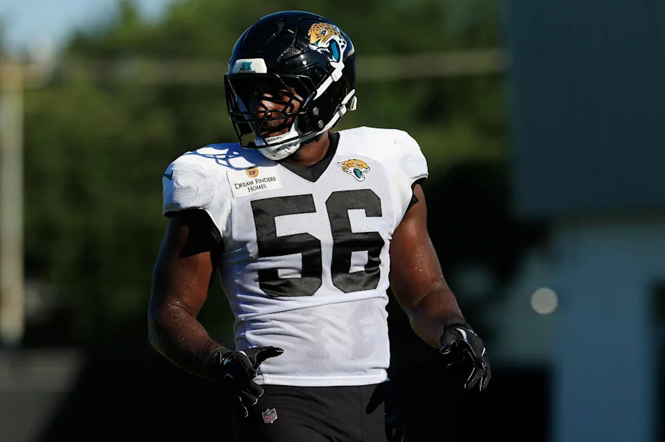 Jacksonville Jaguars linebacker Yasir Abdullah (56) looks on during an NFL training camp session at the Miller Electric Center, Wednesday, Aug. 6, 2025, in Jacksonville, Fla. [Corey Perrine/Florida Times-Union]
