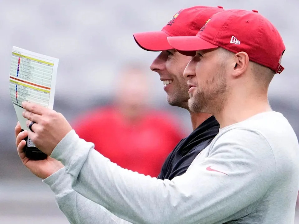 Jul 27, 2023; Phoenix, AZ, USA; Arizona Cardinals defensive coordinator Nick Rallis talks to head coach Jonathan Gannon during training camp at State Farm Stadium. Mandatory Credit: Rob Schumacher-Arizona Republic