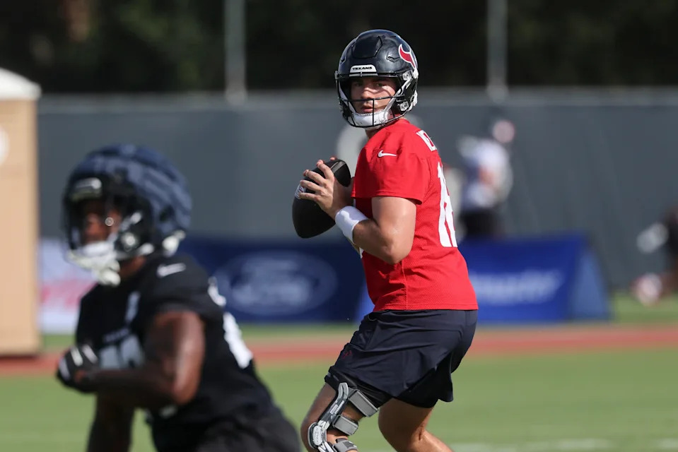 Jul 24, 2025; Houston, TX, USA; Houston Texans quarterback Graham Mertz (18) during training camp at Houston Methodist Training Center. Mandatory Credit: Troy Taormina-Imagn Images