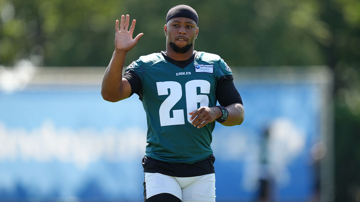 Philadelphia Eagles running back Saquon Barkley (26) waves during training camp at NovaCare Complex.